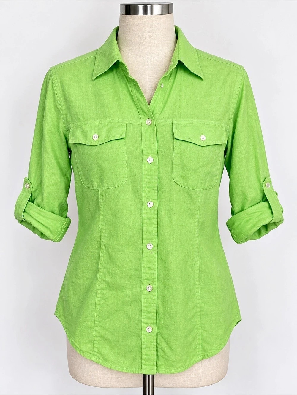 American Living Women’s M Lime Green 100% Linen Button Front Shirt